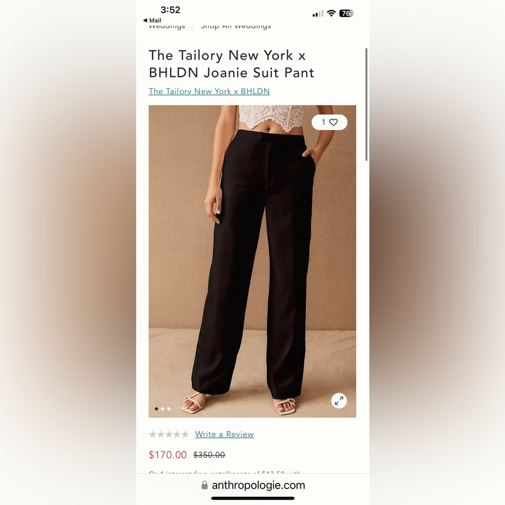 Anthropologie The Tailory x BHLDN Joanie Pants Size 14, Anthropologie